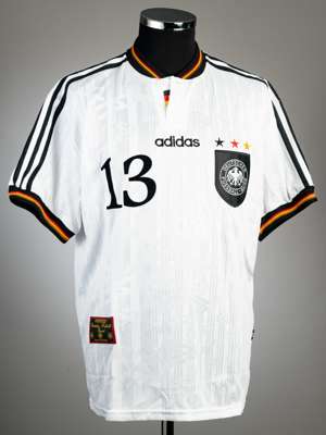 Mario Basler white Germany no.13 home jersey, circa 1996,
 Adidas, short-sleeved with stars above DFB badge, red, yellow and black trim to collar and 