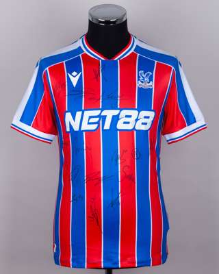 Red and blue Crystal Palace v. Liverpool match issued, squad signed Premier League shirt 2025