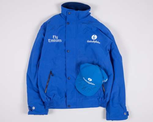 Godolphin jacket & cap signed by jockeys Frankie Dettori, William Buick & James Doyle