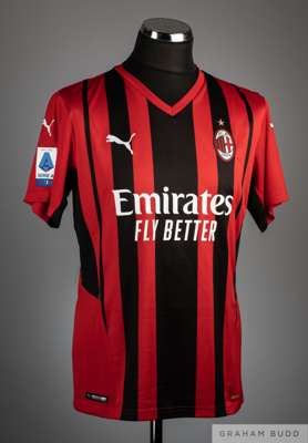 Zlatan Ibrahimovic red and black No.11 A.C. Milan short-sleeved shirt, 
 Puma, M, with v-neck collar and embroidered badge inscribed ACM 1899, the rev
