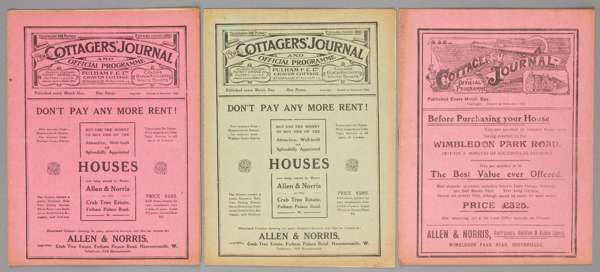 Three Fulham home programmes season 1910-11,
 F.L. Division Two fixtures v Clapton Orient 15th April 1911 and Nottingham Forest 23rd December 1911, an