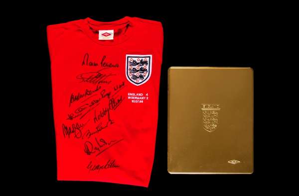 A signed limited edition Umbro red England No.66 1966 World Cup 40th anniversary commemorative jersey, signed in black marker pen, after the passing o