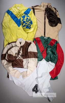 Four sets of racing silks,
 the first, yellow jacket with royal blue V, bearing owner's name D BASS in black marker pen on inner collar, with yellow a