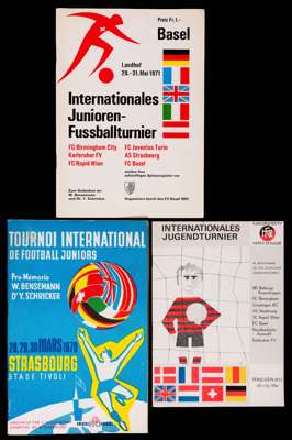 Three International Youth Tournament programmes featuring Birmingham City as British representation, held 1970 to 1972 at Strasbourg, Basel & Karlsruh
