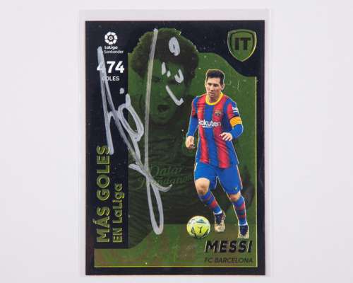 Lionel Messi autographed Barcelona Panini No.3 Mas Goles En La Liga sticker, 2021-22