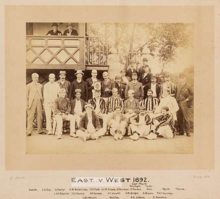 Photograph of the cricket teams in the East v West match in 1892,
 The b&w photograph of the cricket teams in standing and seated pose in front of the