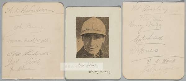 Autographs of famous flat race jockeys from the 1930s onwards,
 two album pages and one photocopy of b & w photograph laid on card, signatures include
