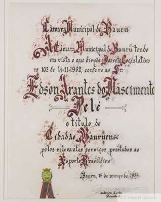 A citation presented to Pelé in 1975 by the city of Bauru, Brazil, bestowing on him the honorary title of "Citizen." 
 Located in the state of São Pau