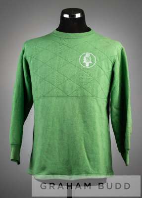 1960s green Leeds United goalkeepers jersey, 
 long-sleeved shirt with embroidered white owl crest, padded chest and elbows, bears UMBRO label bears s