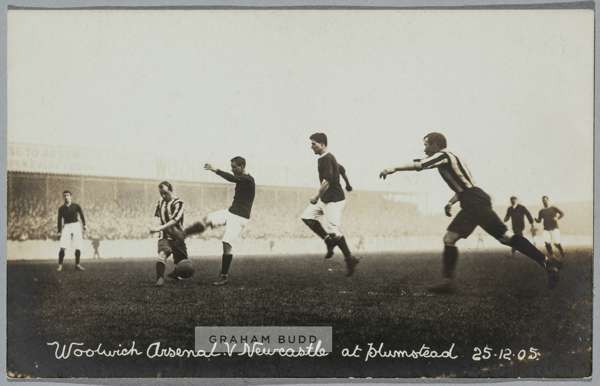 Woolwich Arsenal v Newcastle United at Plumstead, 25th December 1905, b & w postcard,
 published by Goldthorpe, photo chemist Plumstead, featuring a s