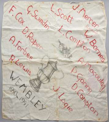 FA Cup Wembley 1950-51 Arsenal silk scarf, 
 featuring an image of the Arsenal emblem of a cannon and the FA Cup trophy, bearing WEMBLEY 1950-51 and p