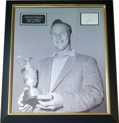 Golf, Arnold Palmer Open Champion 1961 and 1962 signed/mounted photo/card display,
 measuring 24 by 20in., which is standard frame size to drop straig