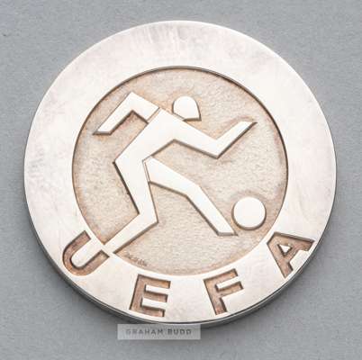 1978 UEFA European Super Cup silver runners-up medal awarded to unknown Liverpool player,
 obverse with footballer in relief and UEFA, reverse with SU