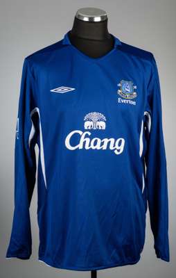 Kevin Kilbane signed blue Everton no.14 home jersey, season 2005-06,
 Umbro, long-sleeved with BARCLAYS PREMIERSHIP sleeve badges, club crest and spon