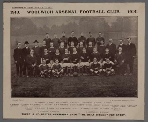 Woolwich Arsenal FC The Daily Citizen paper supplement team and management image, 1913-14,
 in standing and seated pose with legend below, 21 by 25cm.