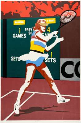 Warwick Nelson original tennis watercolour and gouache artwork entitled ‘Teen Tennis’, 
 titled and signed in pencil by the artist Warwick Nelson to t
