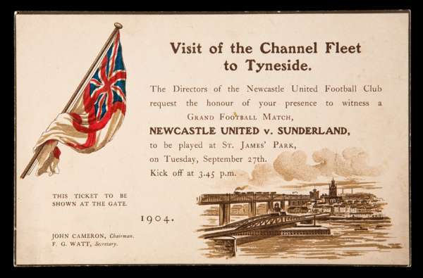 A scarce ticket for the Newcastle United v Sunderland Grand Football Match played at St James' Park 27th September 1904, the match commemorating the V