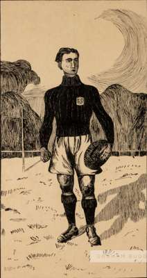 A pen and ink drawing of a European rugby player, circa 1920s,
 depicting the rugby player in match kit holding a rugby ball in front of the posts, th