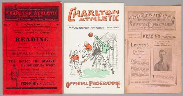 Three Charlton Athletic v Reading programmes,
 F.L. Division Three South fixtures, 14th April 1922 and 22nd December 1934 (ink writing to front cover)