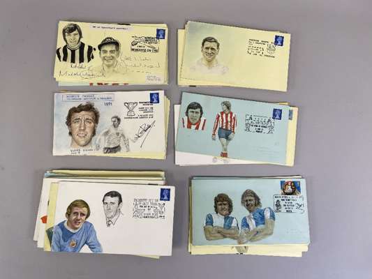 Superb collection of large envelopes which have been hand painted with football players reliefs in watercolour by an unknown artist, circa 1970s,
 bea