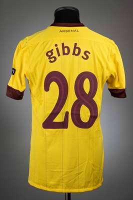 Kieran Gibbs yellow & claret Arsenal UEFA Champions League no.28 jersey v Sporting Braga, played at AXA Stadium, 23rd November 2010, 
 match issue, Ni