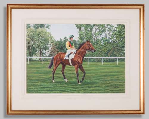 Paul Hart (British, b.1961) watercolour of the racehorse Nijinsky with Lester Piggott up