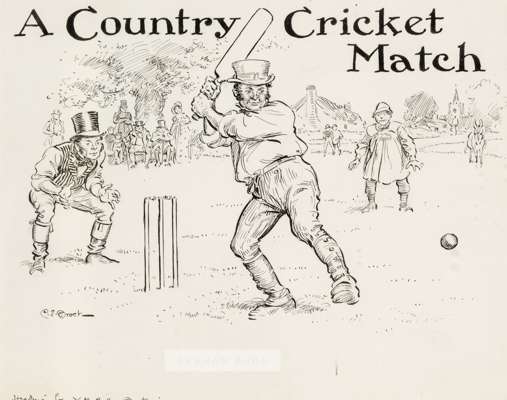 Charles Edmond Brock (British, 1870-1938) A Country Cricket Match, circa 1920s,
 pen and ink drawing, depicting gentlemen on the village green playing