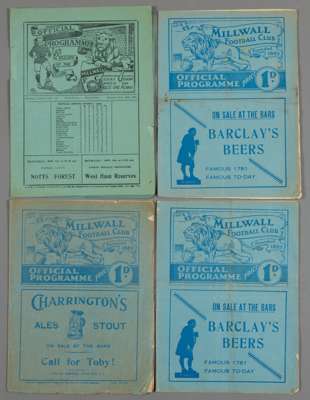 Five Millwall home programmes, 

F.L. Division Two v Bradford P.A. 16th September 1929; single-sheet Southern League reserves fixture v Aldershot 30th