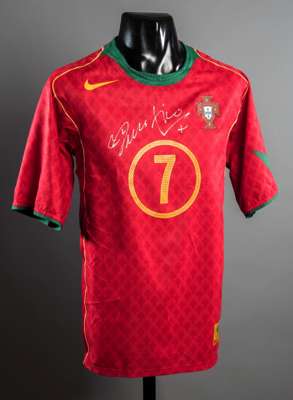 Cristiano Ronaldo & Luis Figo double-signed Portugal Euro 2004 replica jersey, signed to the front in silver marker pen, the jersey a replica of Figo'
