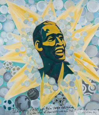 A framed oil on canvas stylized portrait of Pelé shining like the sun, surrounded by a galaxy of footballs. 
 Signed and dated "94" to the lower right