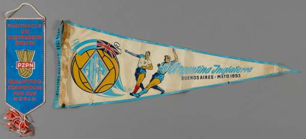 Two pennants originally owned by Sir Alf Ramsey,
 the first inscribed for the England match in Argentina, Buenos Aires, May 1953; the other issued by 