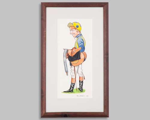 Bernard Parkinson (British, 20th century) watercolour caricature of the jockey John Francome