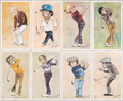 GOLF: COLLECTION OF EIGHT (8) 1977 GOLF CARICATURES BY TIM HOLDER AND STEPHEN SPENDER, 
 SIX (6) AUTOGRAPHED BY THE SUBJECT INC: SEVE BALLESTEROS, JAC