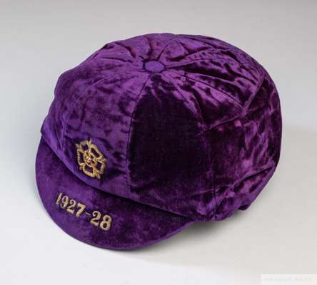 Tom Wilson purple England v. Scotland International debut cap, 1927-28
 with England rose emblem and 1928-28 in gilt-thread

 The above cap represente