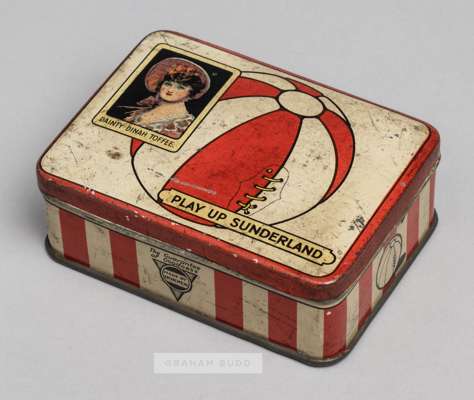 Dainty Dinah Toffee "Play Up Sunderland" tin, circa 1900s,
 with red and white striped decoration, the hinged lid with a coloured image of a lady and 