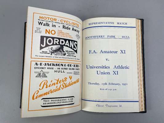 Bound volume of Hull City home match programmes, 1950-51 from Barnsley, 24th August 1950 to F.C. Progres, 12th May 1951 including league, friendly and