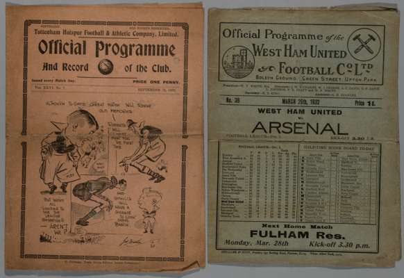 West Ham United v. Arsenal home match programme, 26th March 1932, 
 Tottenham Hotspur v. Arsenal, match programme, 16th September 1933, (2)

 Signs of