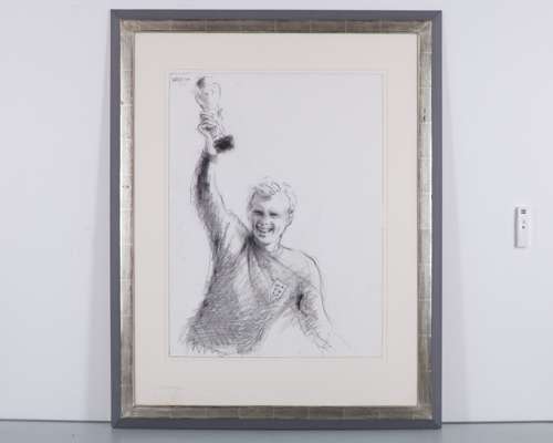 Ronnie Wood - a charcoal sketch of Bobby Moore hold the World Cup aloft