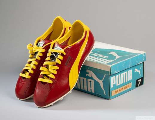 Pair of vintage Puma Red Club football boots, 
 size 7, red and yellow in unworn condition, in original box
