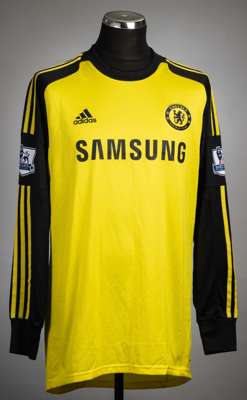 Mark Schwarzer signed yellow and black Chelsea no.23 goalkeeper's home jersey, season 2013-14,
 Adidas, long-sleeved with BARCLAYS PREMIER LEAGUE slee