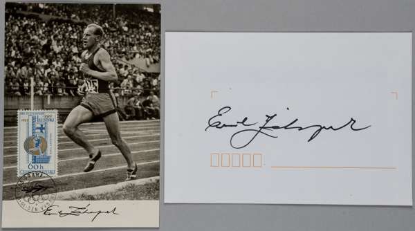 Emil Zatopek Czech. 5,000m & 10,000m 1952 Olympic Gold Medallist original signature,
 black pen, full signature, to the blank front of an envelope, si