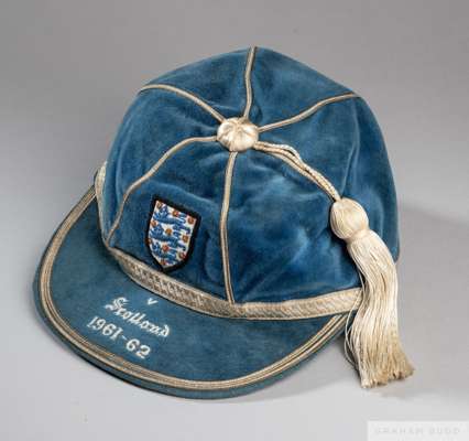 Blue England v. Scotland International cap, 1961-62
 the blue velvet cap with white tassel and silvered braiding, embroidered with the England three l
