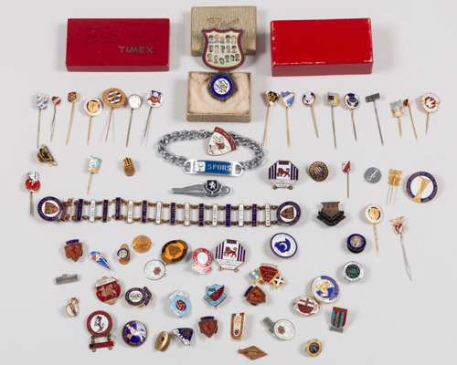 A collection of various enamel lapel badges