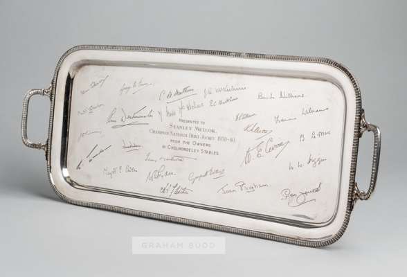 A silver twin-handled tray presented by the patrons of George Owen's Cholmondeley Stables to Stan Mellor on the occasion of becoming Champion National