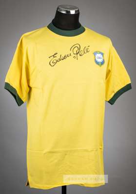 Pele signed yellow Brazil retro jersey,
 Scoredraw, signed in black marker pen to front, with A1 Sporting Memorabilia COA