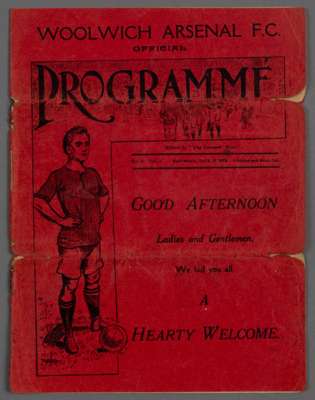 Rare Woolwich Arsenal v Leicester Fosse match programme, first fixture played at Highbury, 6th September 1913,
 12-page programme with red printed cov