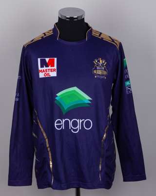 Ghulam Mudassar purple and gold No.10 Quetta Gladiators long-sleeved shirt, 2019