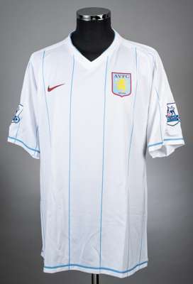 Rare John Carew white No.10 Aston Villa v. West Ham United short-sleeved shirt, 2008-09, 
 Nike, XXL, with v-neck collar and embroidered cloth badge i