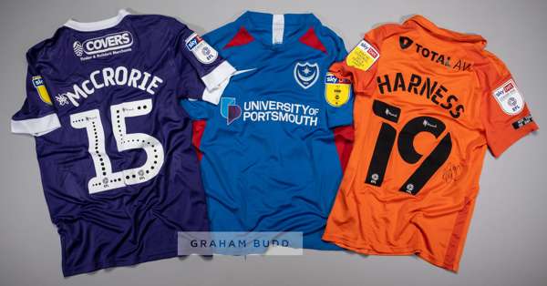 Three signed Portsmouth FC jersey's,
 comprising Marcus Harness orange no.19 third change jersey, season 2020-21, short-sleeved with SKYBET STAY IN CO