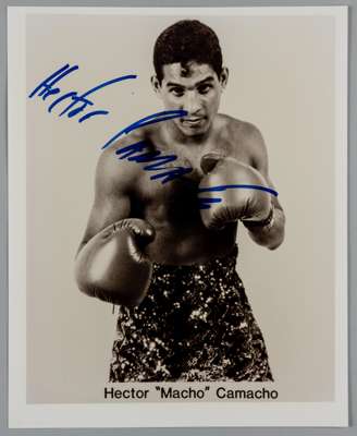 Hector Camacho three different weight boxing world champion 1983-1992 original signed b&w 10 by 8in. photograph,
 depicting the former World Super Fea